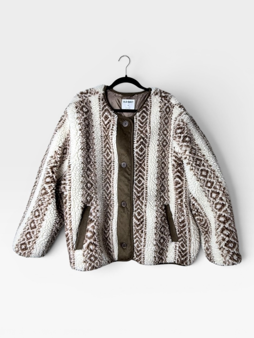 Old Navy Sherpa Jacket Size 2X Brown Button Up Cozy Fall Winter (E)